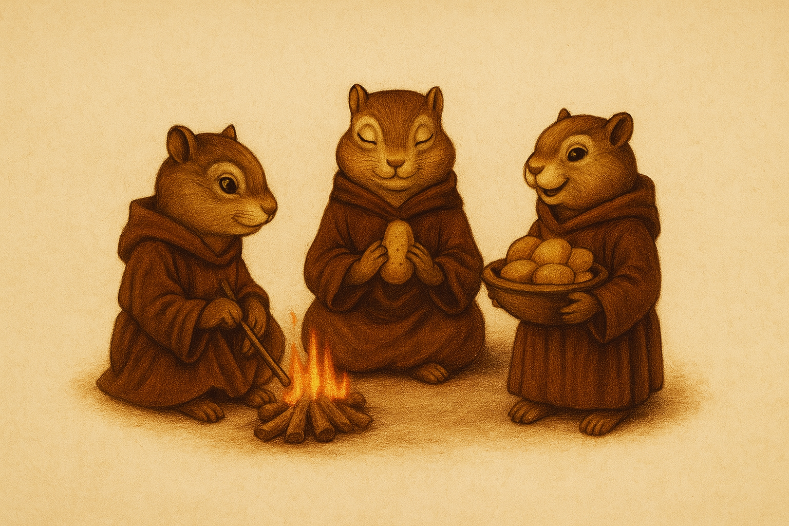 The three Chip Monks gathered around a campfire. Warm ember glow invites you to the hearth.